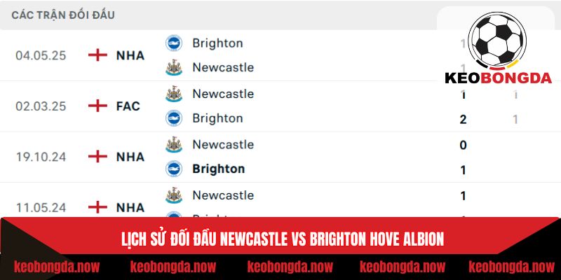 Thống kê chạm trán giữa Newcastle vs Brighton